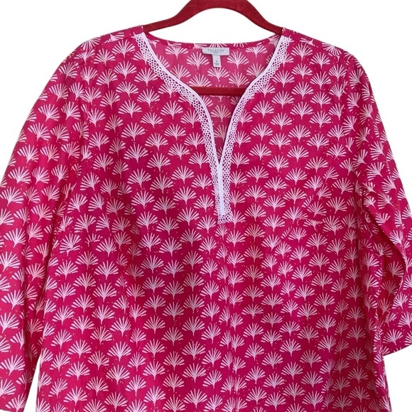 Talbots Pink White Fan Print Poplin Popover Blouse Lace Trim 3/4 Sleeves Sz X - Picture 2 of 16